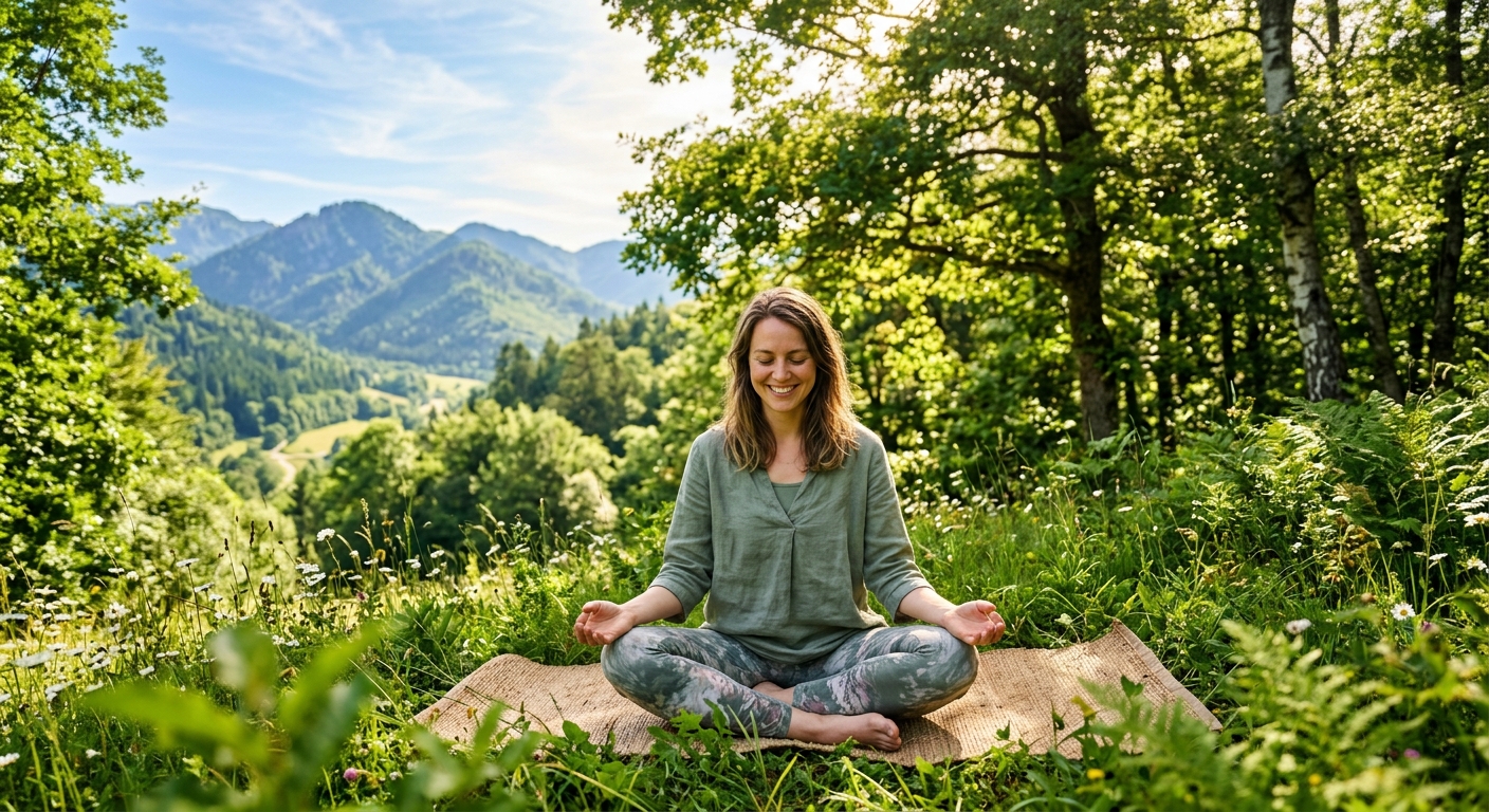 Bright Smiling Woman Meditating in Nature